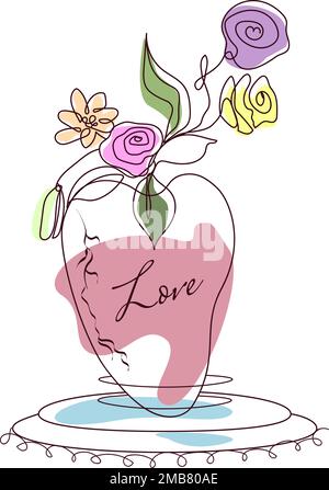 Vector illustrations of love, a heart-shaped vase with flowers and leaves in the lineart style. Drawings for postcard, card, congratulations and poste Stock Vector