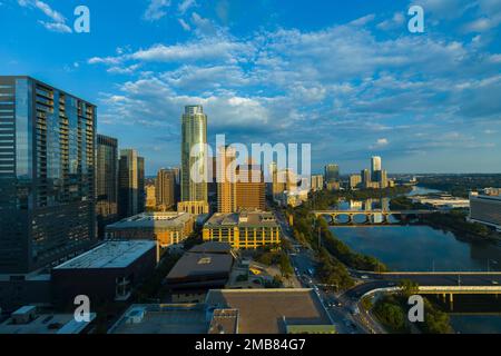 Elevated view Austin Texas city skyline in evening with Ladybird Lake. Stock Photo