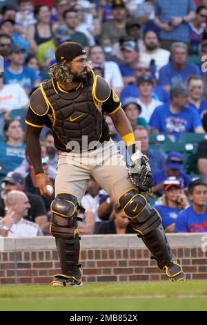 San Diego Padres catcher Jorge Alfaro takes a defensive look in the infield  during a baseball game against the Chicago Cubs Wednesday, June 15, 2022,  in Chicago. (AP Photo/Charles Rex Arbogast Stock