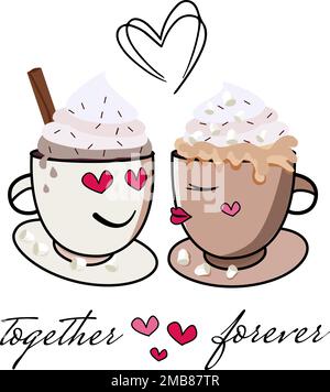 Together love forever.Vector illustration of a couple of coffee cups in love. Valentines day background with heart pattern and typography Stock Vector
