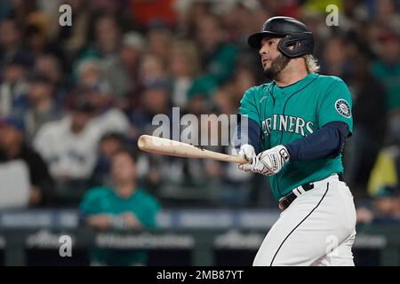 Seattle Mariners' Julio Rodriguez holds a trident in the dugout after  hitting a home run against the Oakland Athletics in a baseball game Monday,  Aug. 28, 2023, in Seattle. (AP Photo/Lindsey Wasson Stock Photo - Alamy