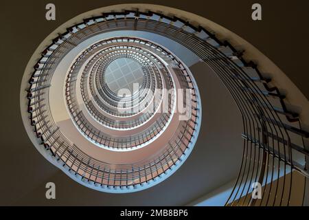 Looking up at spiral stairway in Hilton Hotel, Reykjavik, Iceland. Stock Photo