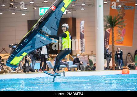 The trend sports foiling and wing foiling will be presented in Hall 17, Boot 2023 trade fair in Duesseldorf from January 21 to 29, 2023, tour of the trade fair on January 20, 2023. Stock Photo