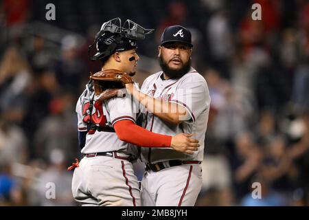 Atlanta Braves relief pitcher Jesus Cruz, right, and catcher William  Contreras celebrate after the team's baseball game against the Washington  Nationals, Wednesday, June 15, 2022, in Washington. The Braves won 8-2. (AP  Photo/Nick Wass Stock Photo