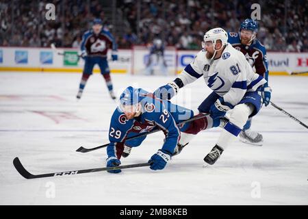 Lightning defenseman Erik Cernak, front, celebrates his goal along with  right wing Nikita Kucherov after Cernak beat Canadiens goaltender Carey  Price to score in Game 1 of the Stanley Cup final. (Photo