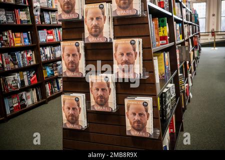 Copies of Prince Harry’s tell-all book “Spare” in a Barnes & Noble bookstore on the day it goes on sale, Tuesday, January 10, 2023.  (© Richard B. Levine) Stock Photo