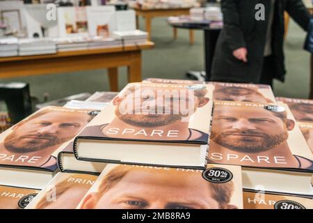 Copies of Prince Harry’s tell-all book “Spare” in a Barnes & Noble bookstore on the day it goes on sale, Tuesday, January 10, 2023.  (© Richard B. Levine) Stock Photo