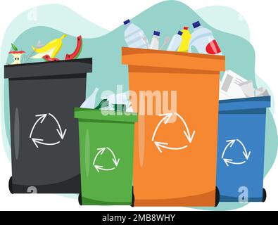 Waste sorting, Sorting waste for recycling, garbage sorting, recycling bins. Different types of garbage: paper, plastics, glass, organic.Modern flat v Stock Vector