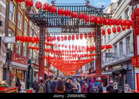 London, UK.  20 January 2023.  Traditional red lanterns are seen overhead around Chinatown ahead of Chinese New Year, The Year of the Rabbit, which begins officially on 22 January. Also known as the Spring Festival, the public will attend festivities in the area for the first time since the pandemic.   Credit: Stephen Chung / Alamy Live News Stock Photo