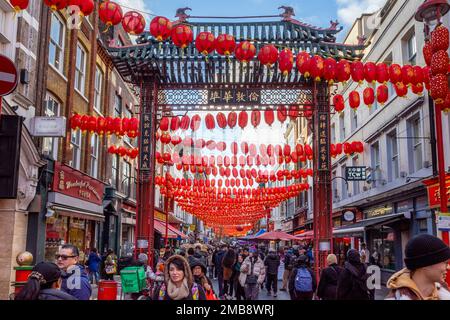London, UK.  20 January 2023.  Traditional red lanterns are seen overhead around Chinatown ahead of Chinese New Year, The Year of the Rabbit, which begins officially on 22 January. Also known as the Spring Festival, the public will attend festivities in the area for the first time since the pandemic.   Credit: Stephen Chung / Alamy Live News Stock Photo