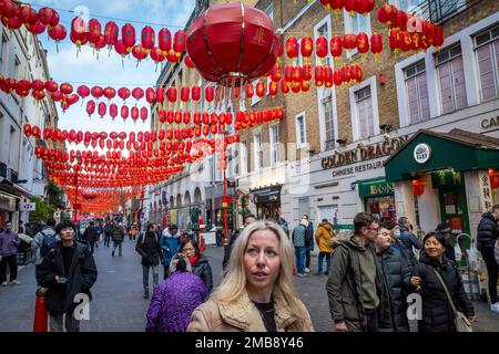 London, UK.  20 January 2023.  Traditional red lanterns are seen overhead around Chinatown ahead of Chinese New Year, The Year of the Rabbit, which begins officially on 22 January. Also known as the Spring Festival, the public will attend festivities in the area for the first time since the pandemic.   Credit: Stephen Chung / Alamy Live News Stock Photo