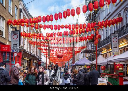 London, UK.  20 January 2023.  Traditional red lanterns are seen overhead around Chinatown ahead of Chinese New Year, The Year of the Rabbit, which begins officially on 22 January. Also known as the Spring Festival, the public will attend festivities in the area for the first time since the pandemic.   Credit: Stephen Chung / Alamy Live News Stock Photo
