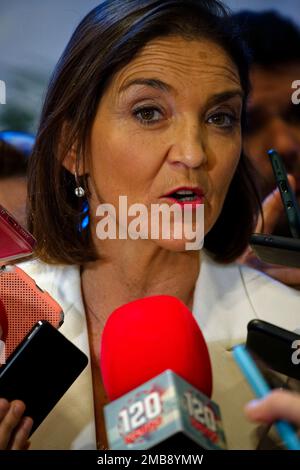 Madrid, Spain. 20th Jan, 2023.  FITUR the International Tourism Fair of Spain 2023. Maria Reyes Maroto, current Minister of Industry, Trade and Tourism and candidate of the Socialist Party of Madrid for mayor of Madrid for the municipal elections of May 2023, attends press interviews at FITUR, the International Tourism Trade Fair. IFEMA, Madrid, Spain. Credit: EnriquePSans/Alamy Live News Stock Photo