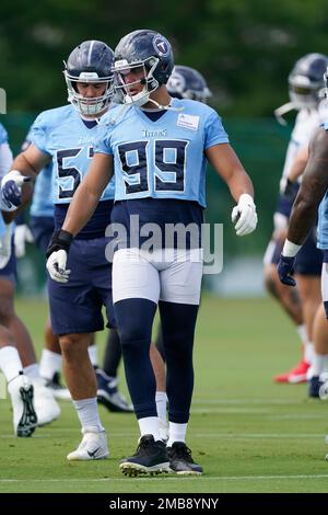 Tennessee Titans linebacker Rashad Weaver (99) comes off the field