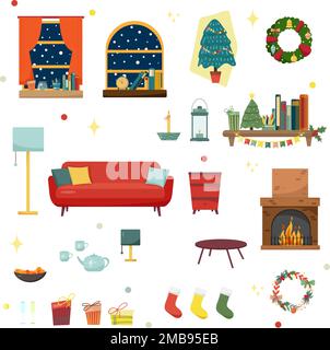 Set of colorful holiday interior design in house rooms with furniture icons. Stock Vector