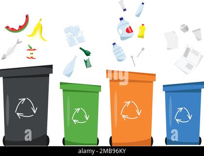 Waste sorting, Sorting waste for recycling, garbage sorting, recycling bins. Different types of garbage: paper, plastics, glass, organic.Modern flat v Stock Vector