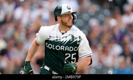 This is a 2022 photo of C.J. Cron of the Colorado Rockies baseball team  shown, Tuesday, March 22, 2022, in Scottsdale, Ariz. (AP Photo/Matt York  Stock Photo - Alamy