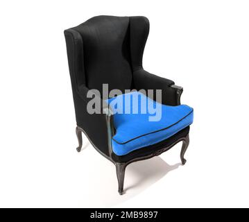 High angle of comfortable black vintage wingchair with soft blue sitting cushion isolated on white background Stock Photo