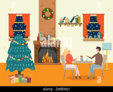 Christmas fireplace room interior in colorful cartoon flat style. Stock Vector