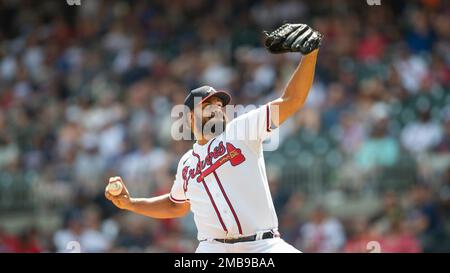 Atlanta Braves relief pitcher Kenley Jansen (74) is congratulated by  catcher Travis d'Arnaud (16) after earning a save during a MLB game against  the L Stock Photo - Alamy