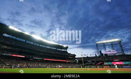 Seattle Mariners' George Kirby plays during a baseball game, Thursday,  April 27, 2023, in Philadelphia. (AP Photo/Matt Slocum Stock Photo - Alamy