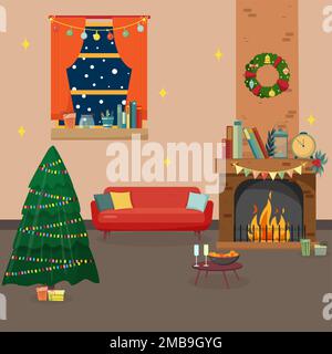 Christmas fireplace room interior in colorful cartoon flat style. Stock Vector