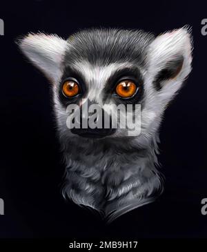 Realistic digital painting of a Lemur. Wild animal face. Raster African ...