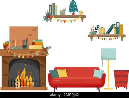 Christmas fireplace room interior in colorful cartoon flat style. Stock Vector