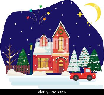 Snowy night in cozy christmas town city panorama. Winter christmas village Stock Vector