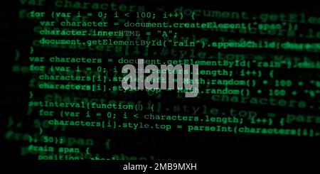 blurred background illustration of coding in action, green code against black background, power of technology Stock Photo