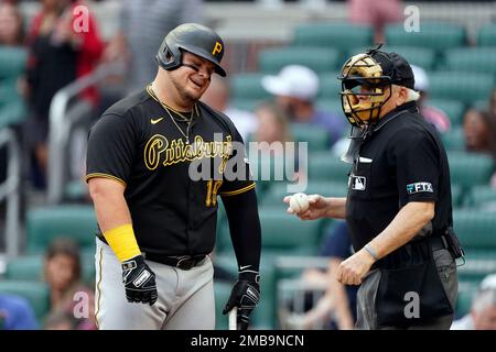 Pittsburgh Pirates' Daniel Vogelbach reacts after striking out during the  second inning of the team's baseball game against the Chicago Cubs on  Tuesday, May 17, 2022, in Chicago. The Cubs won 7-0. (