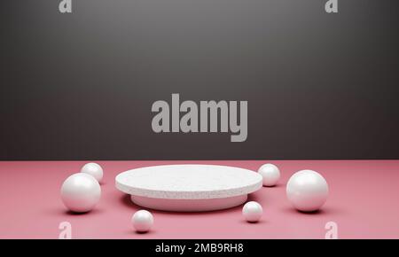 Empty podium with white balls for any products presentation is in a black studio background, 3d rendering Stock Photo