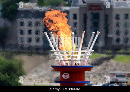 Smoke Stack catchs fire at Great American Ball Park during the game