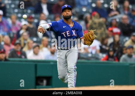 Cleveland Guardians' Oscar Gonzalez hits a single during the third inning  of a baseball game against the Miami Marlins, Sunday, April 23, 2023, in  Cleveland. (AP Photo/Nick Cammett Stock Photo - Alamy