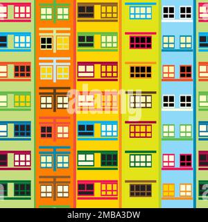 Urban  residential building seamless pattern with colored facade full of windows Stock Vector