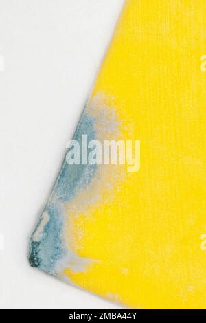 Cheddar cheese partial slice with mold growing on the corner. Flat lay concept, closeup macro with copy space. Stock Photo