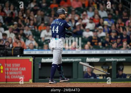 Seattle Mariners' Eugenio Suarez bats against the Cleveland Guardians  during the third inning of a baseball game, Sunday, April 9, 2023, in  Cleveland. (AP Photo/Ron Schwane Stock Photo - Alamy