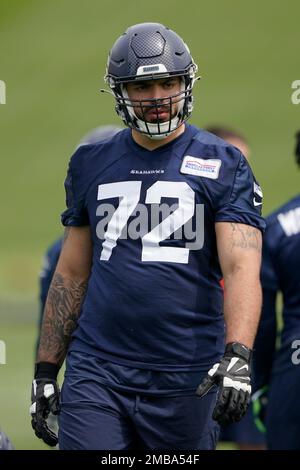 Seattle Seahawks offensive tackle Abraham Lucas (72) in action during an  NFL football game against the Tampa Bay Buccaneers at Allianz Arena in  Munich, Germany, Sunday, Nov. 13, 2022. The Tampa Bay