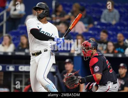 Miami Marlins center fielder Jazz Chisholm Jr. (2) is shown during a  baseball game against the Atlanta Braves Wednesday, April 26, 2023, in  Atlanta. (AP Photo/John Bazemore Stock Photo - Alamy