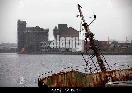 Looking across the East Float dock in Birkenhead towards an Urban Splash housing development at Wirral Waters Wirral Waters will form part of the Liverpool City Region Freeport, which was announced recently by the Conservative government. Stock Photo