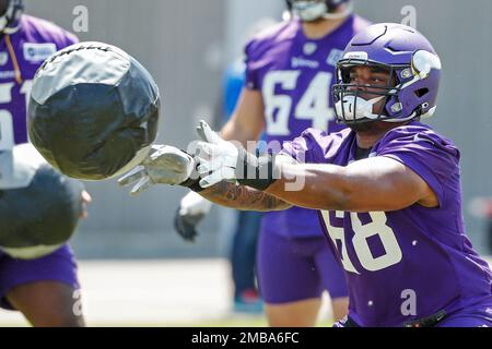 Minnesota Vikings guard Kyle Hinton (68) during the first half of an NFL  preseason football game against the Las Vegas Raiders, Sunday, Aug. 14, 2022,  in Las Vegas. (AP Photo/Rick Scuteri Stock