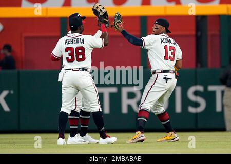 Atlanta Braves' Guillermo Heredia runs to first base after a hit in the  third inning of a baseball game against the Los Angeles Dodgers, Saturday,  June 5, 2021, in Atlanta. (AP Photo/Brynn