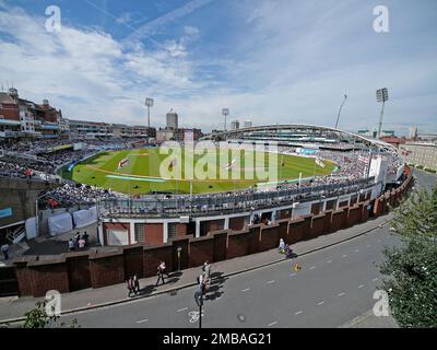 The Oval Cricket Ground, Kennington, Lambeth, Greater London Authority, 2011. An elevated view looking west over the Oval Cricket Ground during a game in play between England and India. The handlist records that this photograph was taken from Lohmann House on Kennington Oval. This was the third day of the fourth test match between England and India in the 2011 Test series. Stock Photo