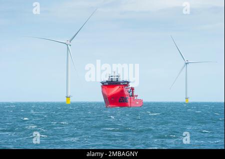 Westermost Rough Wind Farm, 2015. A view of Sea Challenger and 6MW wind turbines at Westermost Rough Wind Farm. Sea Challenger, owned by A2Sea, is a purpose built specialist jack-up vessel used for the installation of wind turbines. The photograph was taken to show the site shortly after completion. Stock Photo