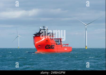 Westermost Rough Wind Farm, 2015. The specialist jack-up vessel Sea Challenger and 6MW wind turbines at Westermost Rough Wind Farm. Stock Photo