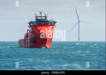 Westermost Rough Wind Farm, 2015. The specialist jack-up vessel Sea Challenger and a 6MW wind turbine at Westermost Rough Wind Farm. Sea Challenger, owned by A2Sea, is a purpose built specialist jack-up vessel used for the installation of wind turbines. The photograph was taken to show the site shortly after completion. Stock Photo