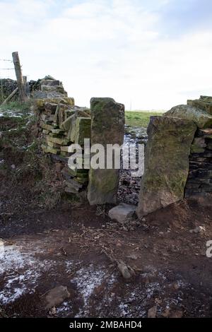 Leg stile in a dry stone wall to permit access by people but not livestock Stock Photo