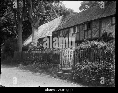 Upper Icknield Way, Whiteleaf, Princes Risborough, Wycombe, Buckinghamshire, 1918. The front of a row of three cottages with a weatherboarded, thatched barn attached at the north end. The cottages shown in the photograph are from left to right Felix Cottage, Box Tree Cottage and The Other Cottage (only part of this is visible). The barn has since been demolished and Library Cottage was built on the site. Stock Photo