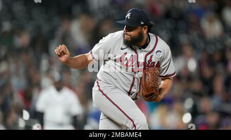 Atlanta Braves relief pitcher Jesus Cruz warms up before a baseball game  against the Colorado Rockies Thursday, June 2, 2022, in Denver. (AP  Photo/David Zalubowski Stock Photo - Alamy