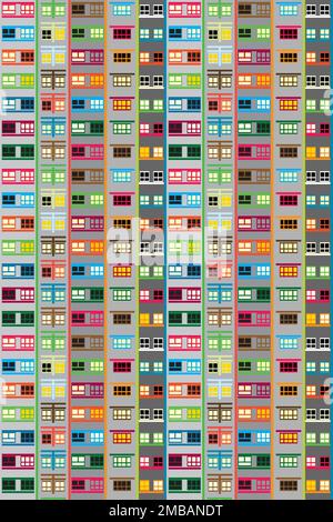 Urban residential building seamless pattern with multicolored facade full of windows in the night Stock Vector